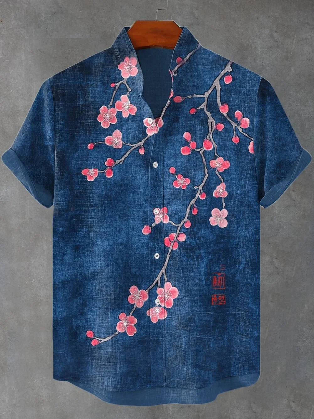 

Summer short sleeved linen shirt, new men's plum blossom print pattern stand up collar shirt, street fashion social top