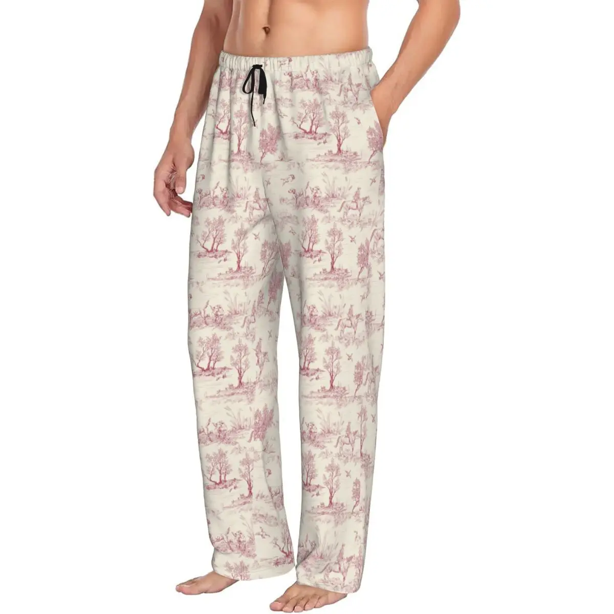 Calça de pijama vermelha toile de jouy masculina estampada personalizada creme vintage parisiense roupa de dormir com bolsos