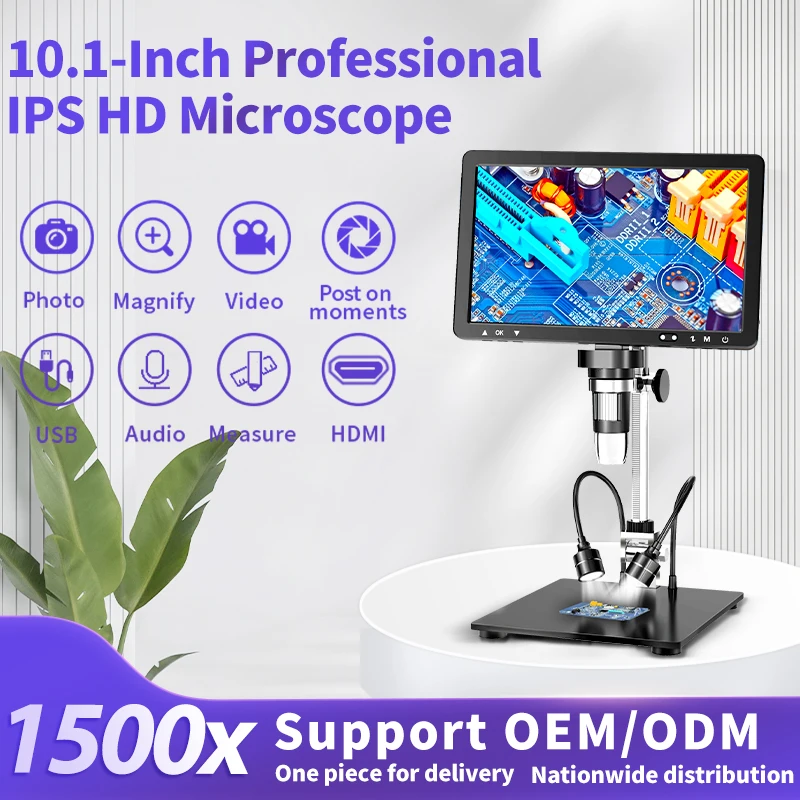 

10.1" IPS LCD HDMI Microscopes 1500X Digital Zoom Continuous Magnifier 1080P Audio Recording Video Type-C Microscope Metal Base