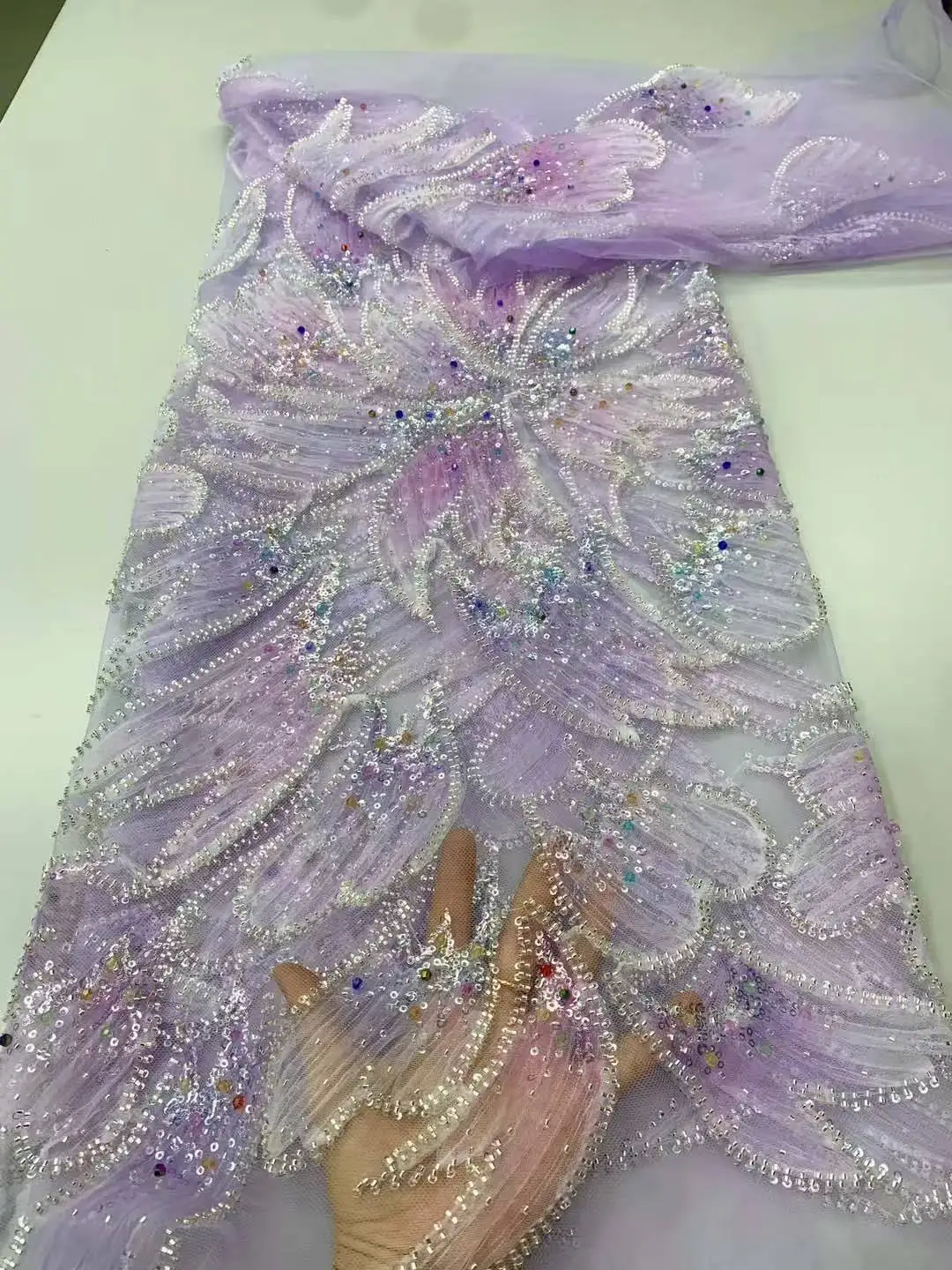 

African Sequin Lace Fabric Bridal Dress 2025 Fashion Nigerian 3D Beaded Wedding French Beaded Show Tulle Lace Fabric Wedding Sew
