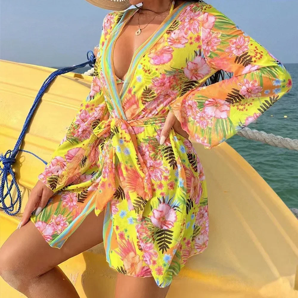 Conjunto de bikini de 3 piezas para mujer, traje de baño sexy de cintura alta para vacaciones de verano con estampado floral, vestido tipo pareo, ropa bohemia vintage para playa