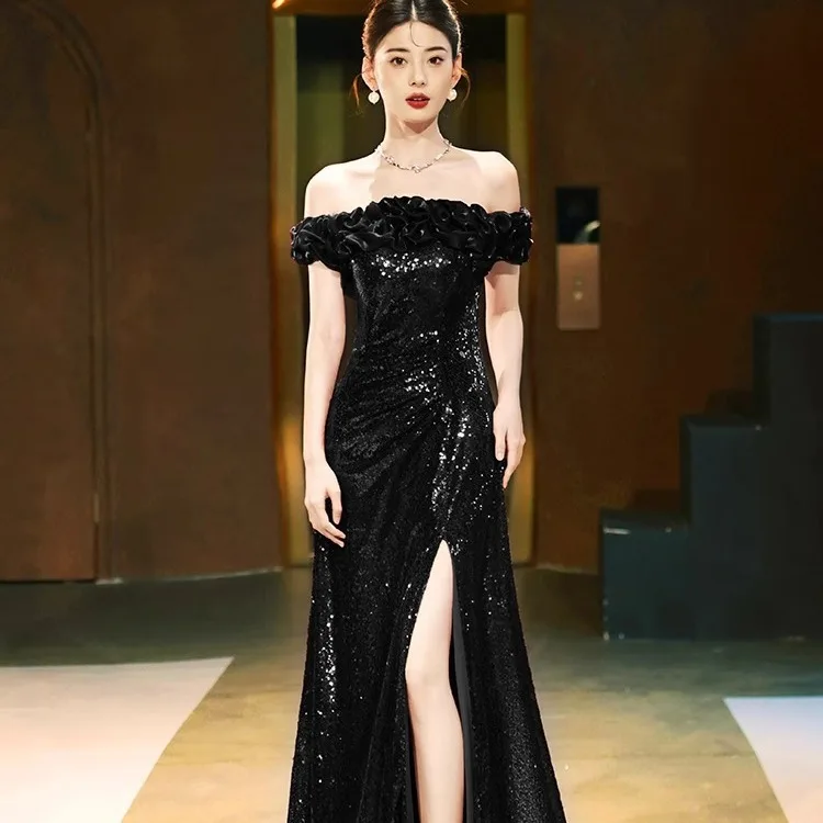 Black off-shoulder evening gown 2024 latest light luxury sequins high-end banquet gown vestido longo feminino pra casamento