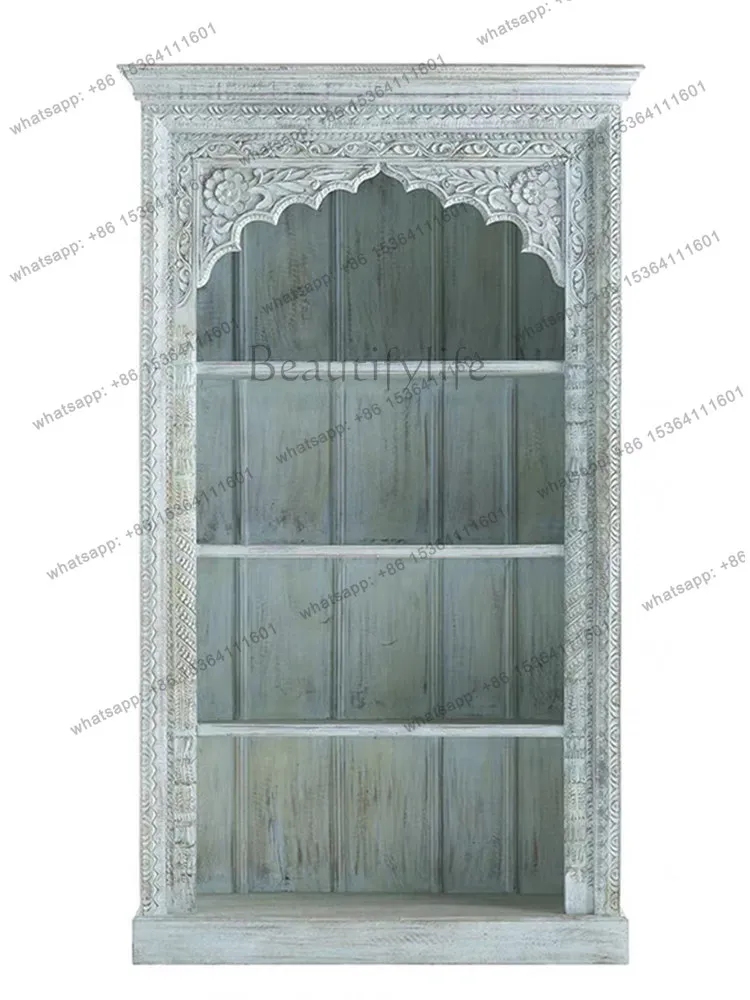 

French retro solid wood bookcase European carved shelf American living room old blue display cabinet