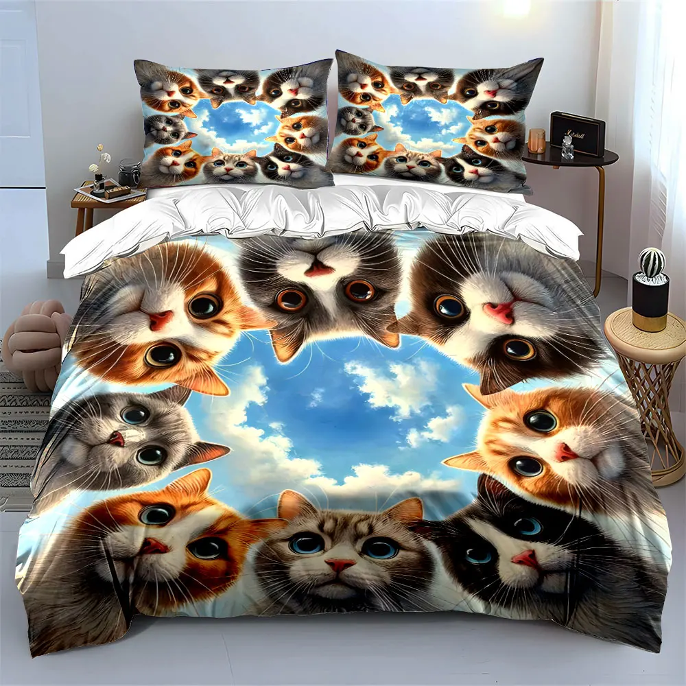 

"Adorable Cat Trio Sky Theme" kid's and adults' bedroom decor, Exquisite three-piece bedding set gift