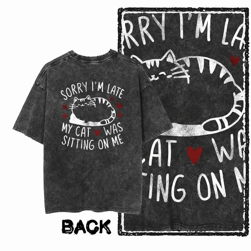 Katzen-Bedrucktes Baumwoll-T-Shirt mit Acid-Wash-Effekt, Exklusives Grafik-Design, Unisex, Coole Streetwear, Herren-T-Shirts in Übergröße, Damen-T-Shirts, Y2k-Top – Detail 7