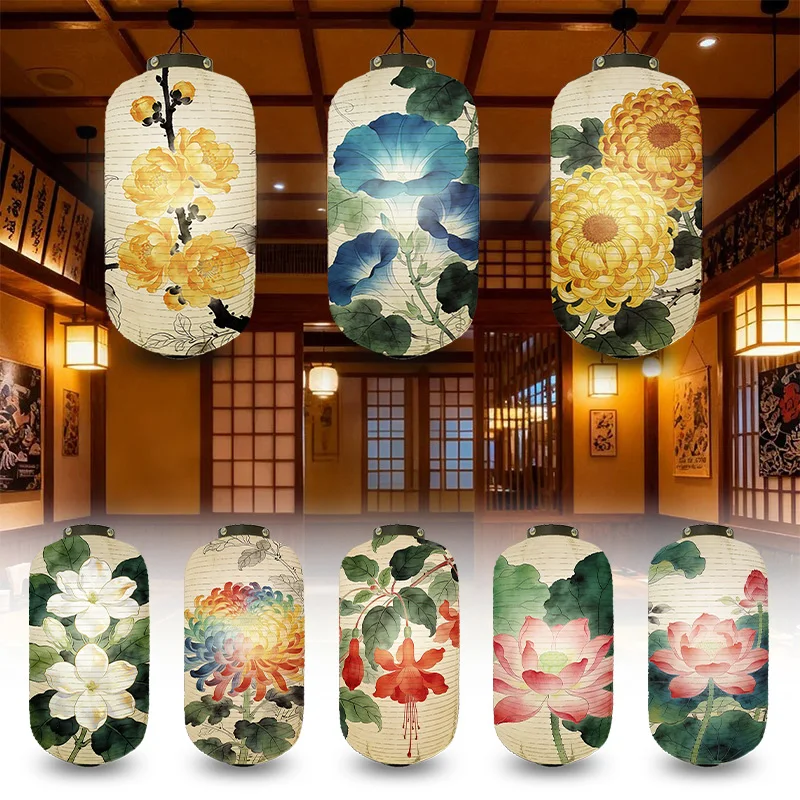 

Японский тканевый фонарь с узором пионов в стиле укиё-э, декор для Нового года, украшение для ресторана изакая, подвесные украшения