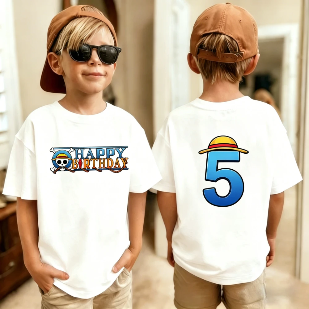 

One Pieces Boy Girl T-Shirt Summer Kids Top Anime One Piece Birthday Number Theme 1-10 Years Old Cartoon Tees Kid Birthday Gifts