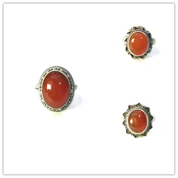 Nepal 925 Sterling Silver Inlaid Natural Red Agate Flower Rings for Lady Vintage Jewelry T9085