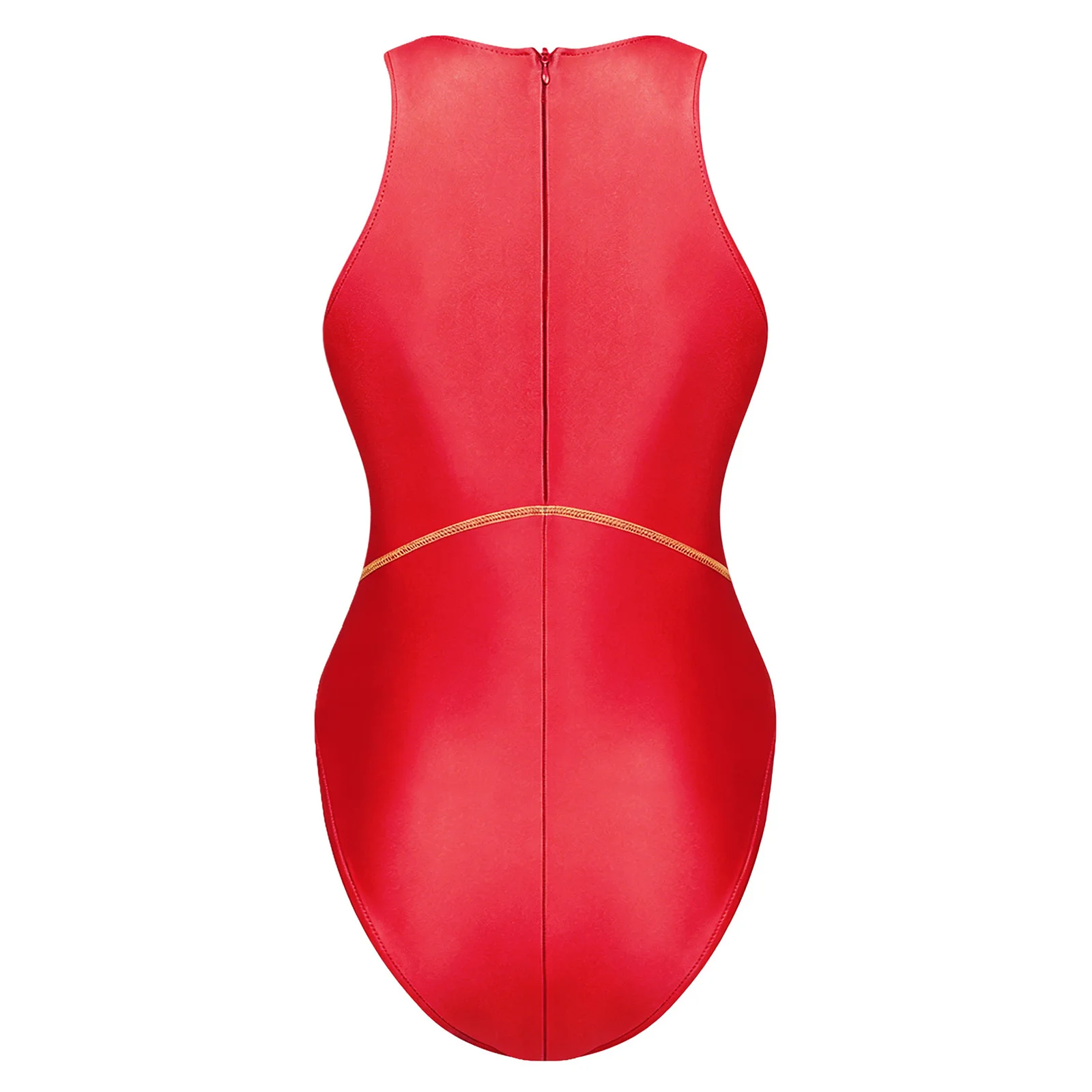 Damen-Badeanzug, ölig glänzend, einteilig, glänzende Farbblocknähte, ärmellos, hoch geschnittener Bodysuit, Schwimm-Badeanzug – Detail 10