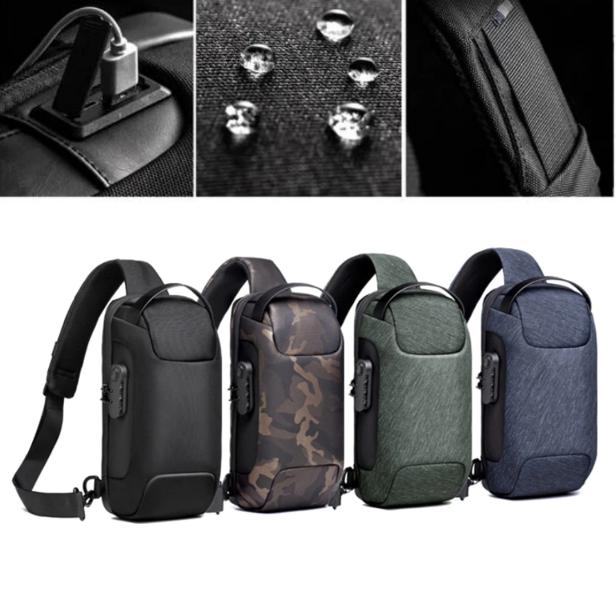 Men\'s Waterproof USB Oxford Crossbody Bag Anti-theft Shoulder Sling Bag Multifunction Short Travel Messenger Chest Pack For Male