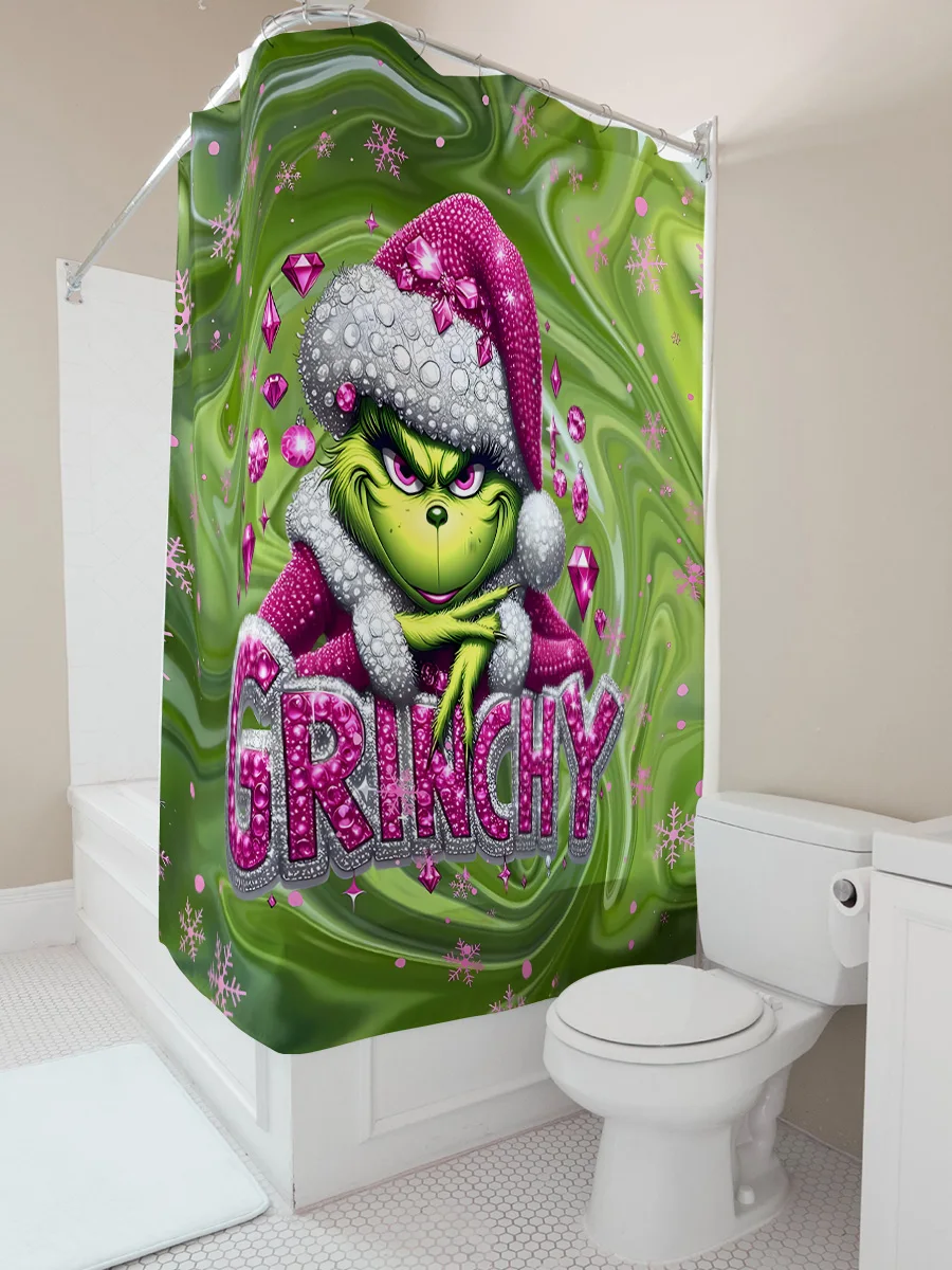 Pink Santa Hat Decor Shower Curtain Green Bg ‌Diamond Pattern Christmas Home Textile For Bathroom Holiday Decor Ideas