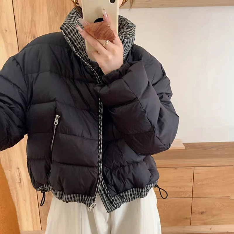 Winter Grid Splice Short Stand Collar Down Jacket Female Zipper Drawstring Jackets Women White Duck Down Warm Parker Outwears