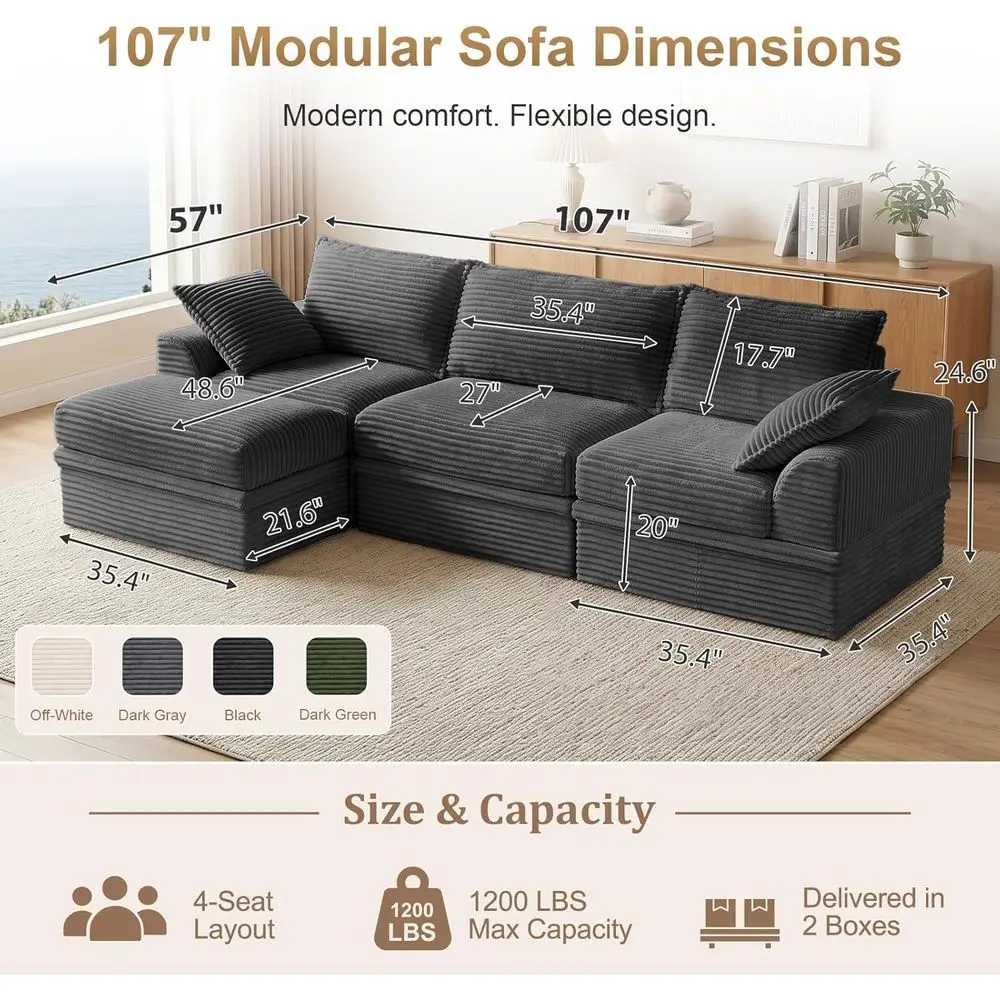 Upgraded Storage-Enabled Sectional Couch, L-Shaped Cloud Corduroy Sofa with Ottoman and Pillows, Oversized Deep Seat Memory Foam