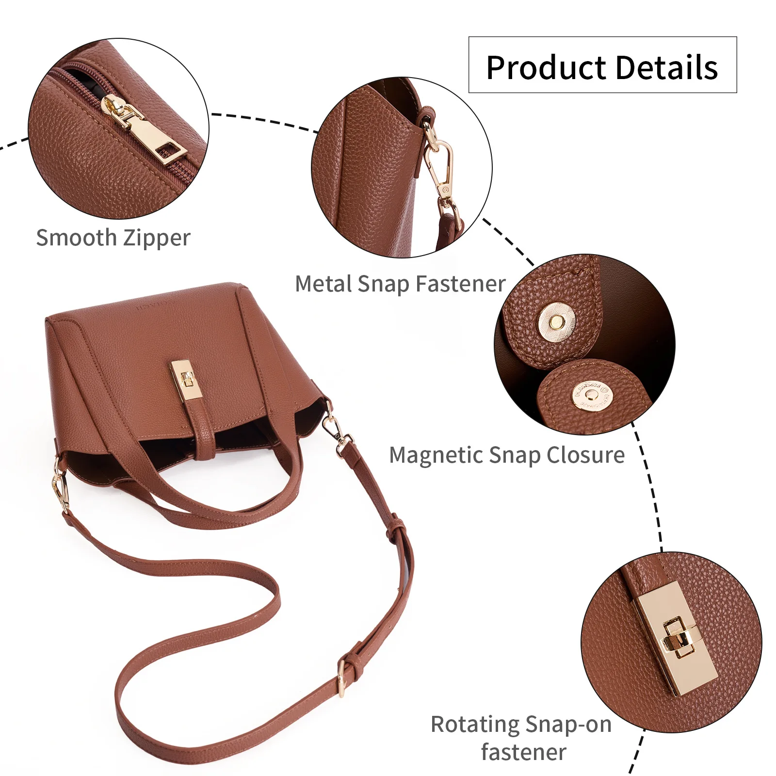 2‑in‑1 Women Tote Bag Set PU Litchi Grain Handbag Metal Lock Detachable Shoulder Strap Crossbody Purse With Mini Cosmetic Bag