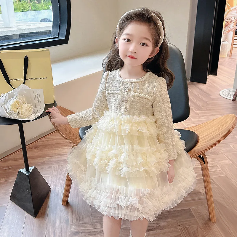Girls Dress Autumn Winter 2025 New Fashionable Children Cake Dress Girls Little Fragrant Style Velvet Mesh Princess Dress