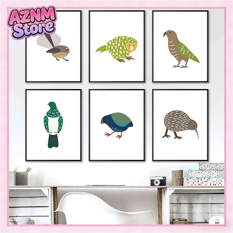 Cute New Zealand Birds Kereru, Kiwi, Fantail Posters Canvas Print Nursery Wall Art Canvas Painting Kea, Kakapo, Takahe Pictur