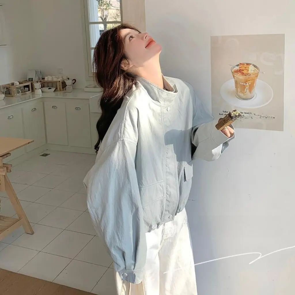 Light Blue Casual Style Leather Jacket for Women PU All-Match Age-Reducing Spring New Fashion Outerwear