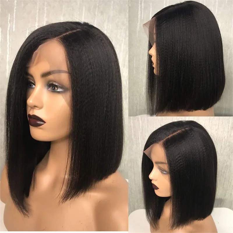 Kinky Straight Short Bob Perruques de cheveux humains pour les femmes noires, 13x4 Lace Frmetals Wig, Baby Hair, Soft Yaki, Preplucked Hair