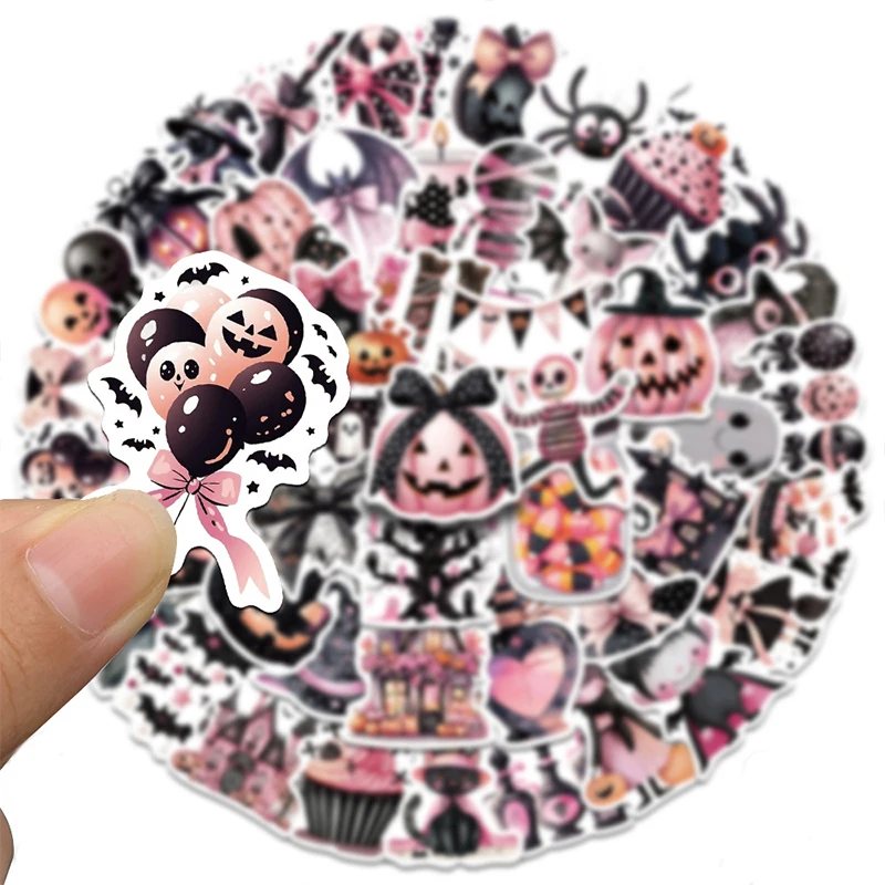 50PCS Cartoon Pink Halloween Stickers Pack Pink Ghost and Pumpkin Sticker Vinyl Waterproof Holiday Party Decals Decorative