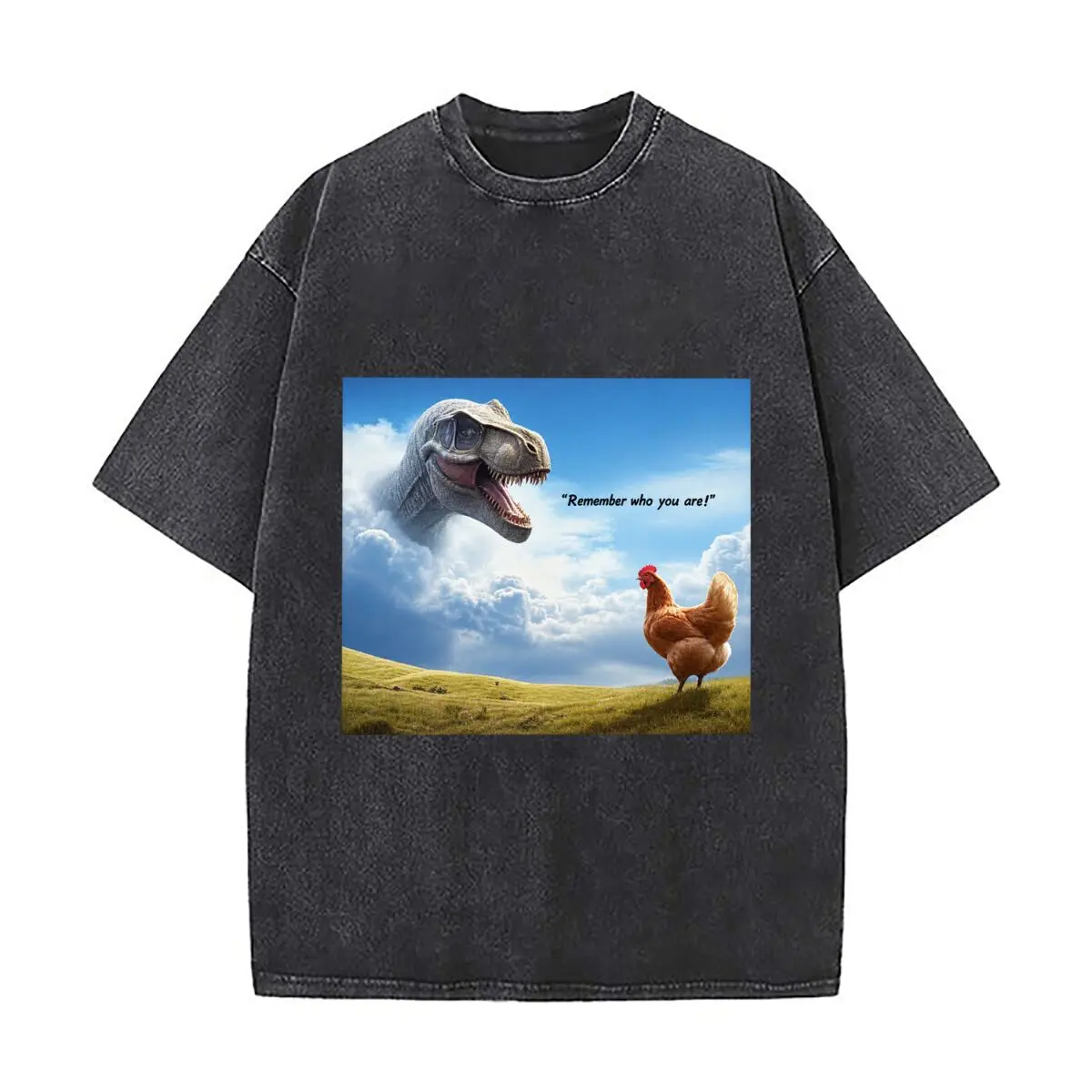 Remember Who You Are Dinosaur Chicken Funny T Rex Cloud Sky Design Distressed Faded Baggy Streetwear Tops for Park Hangouts