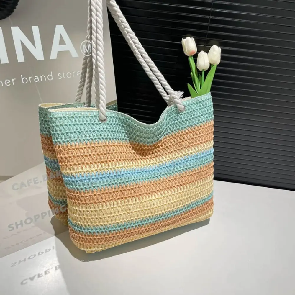 

Fashion Beach Handbag Strip Weave Bag Bohemian Style Lazy Style Rainbow Beach Bag Large Capacity Hollow Tote Bag Girls