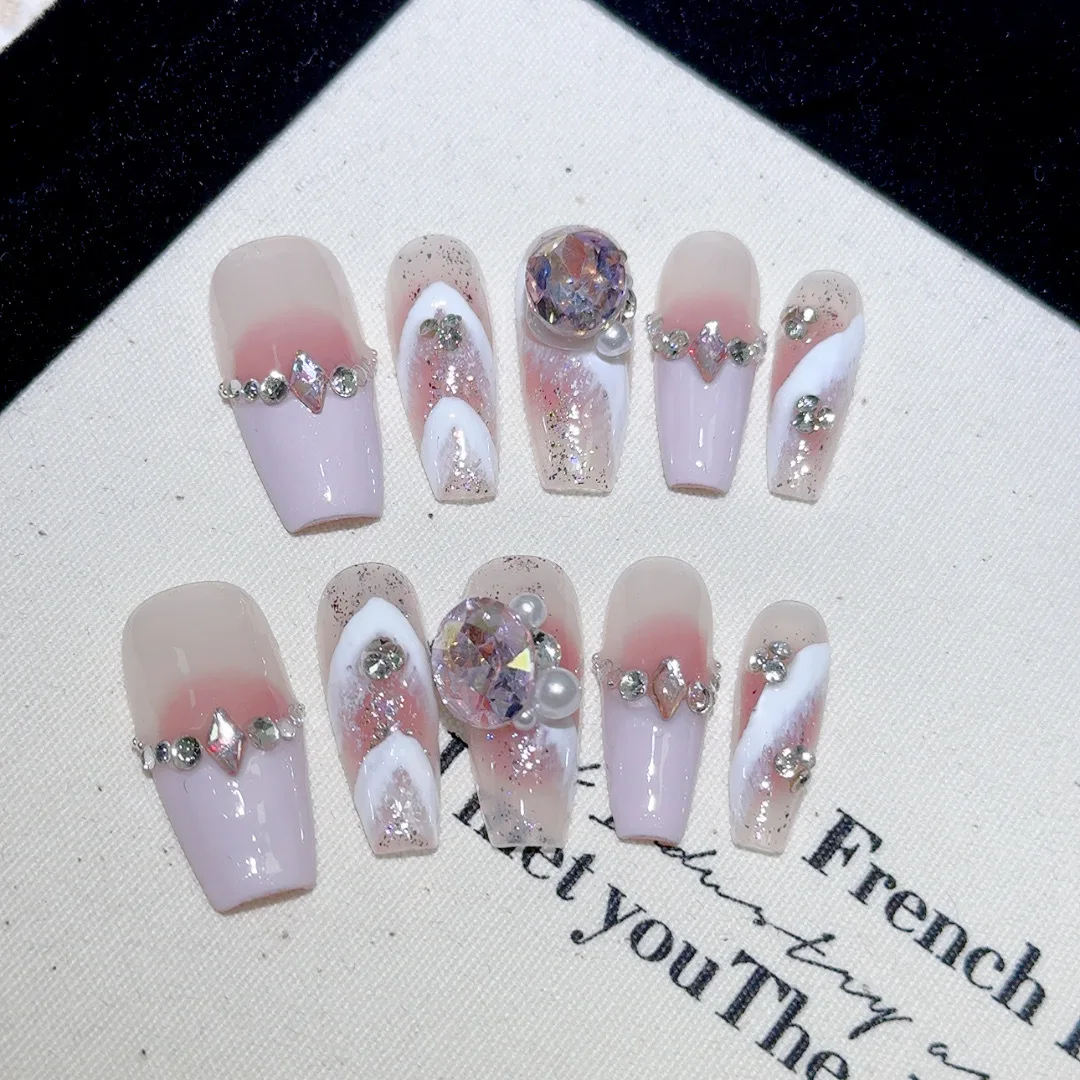 Handmade Press on Nails Shiny Star Moon Rhinestone Decor False Nails Wearable Full Cover Pink Cat Eye Korean Fake Nail Tips