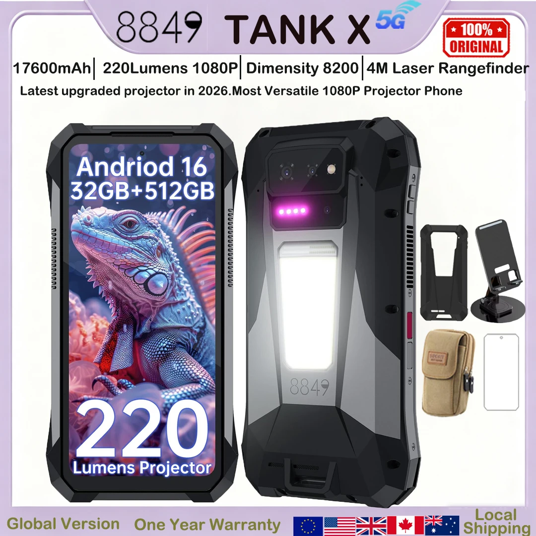 8849 Tank X Unihertz 220 Lumens 1080P Projector Rugged Smart Phone Android16 17600mAh 512G Dimensity 8200 NFC Night Version 2026
