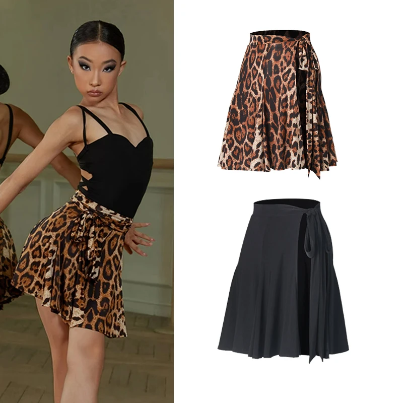 2023 New Latin Dance Skirts For Girls Leopard Black One Piece Strapping Skirt Chacha Rumba Tango Latin Performance Wear DQS14057