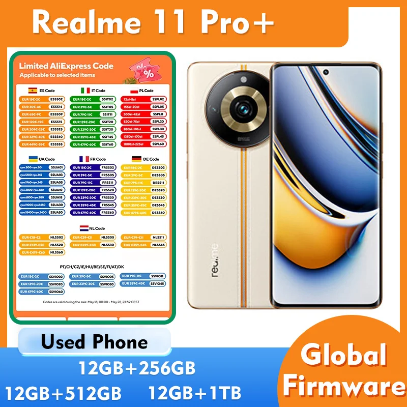 Teléfono Inteligente Realme 11 Pro+ 5G 256GB 512GB 1T ROM, Pantalla de 6.7 Pulgadas, 120Hz, 200MP, 5000mAh, Teléfono Usado