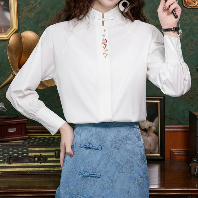 New 2024 Spring Women White Shirts & Blouses Stand Collar Long Sleeve Tops Embroidery Chinese Style Elegant Shirt Tops Blusa