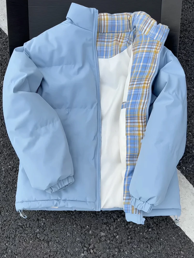 

Trendy Winter Warm Plaid Patchwork Men's Cotton Jaet Bread Sle Outerwear Cleanfit Couple's Cotton Coat Blue id Design