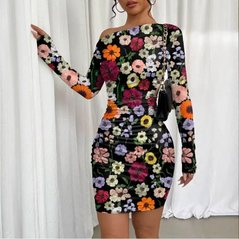 فستان مثير بطيات وأكمام طويلة ملفوف حول التنورة فستان نسائي موضة عبر الحدود 2025 بياقة غير متماثلة فستان ميدي #4