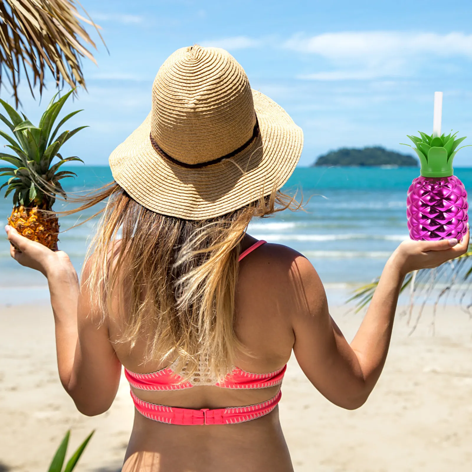 2 tazas con forma de piña para fiesta, tazas de plástico con forma de fruta hawaiana, temática hawaiana