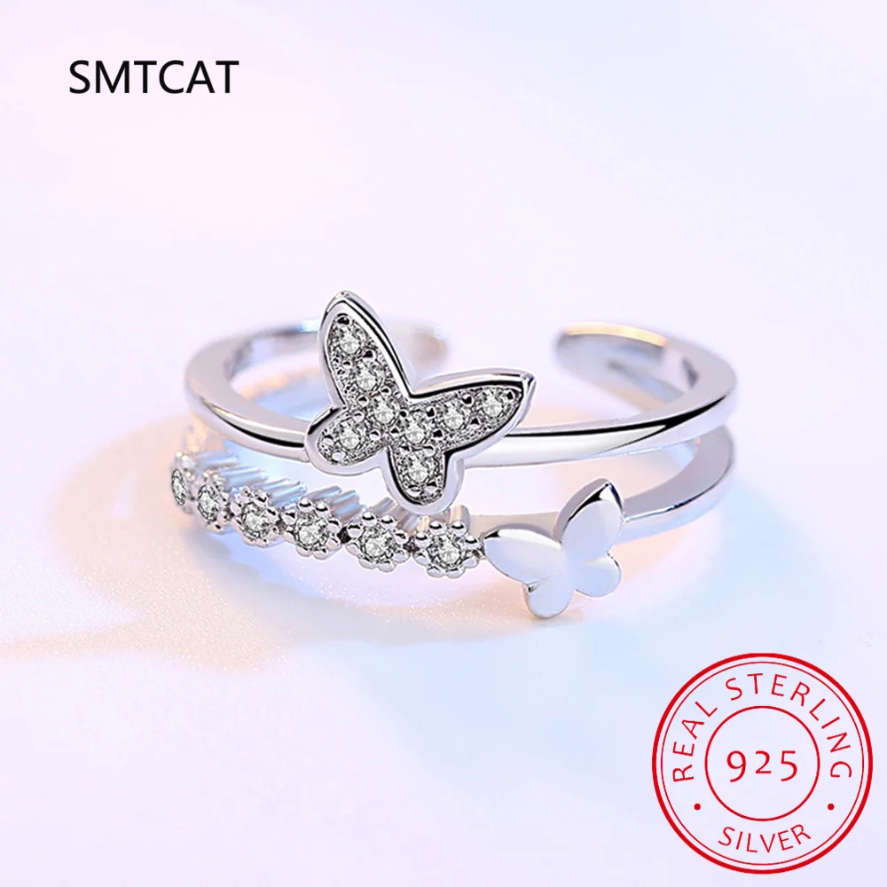 Solid 925 Sterling Silver Butterfly Adjustable Open Ring Anniversary Birthday Jewelry Gifts for Women Girls BSR502-E