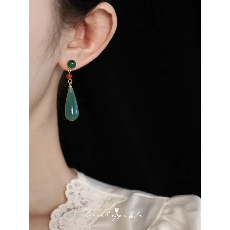 Chinese Style Green Water Drop Earrings Cheongsam Hanfu Dress Accessories Earrings Women's Elegant Ear Clips Without Piercing