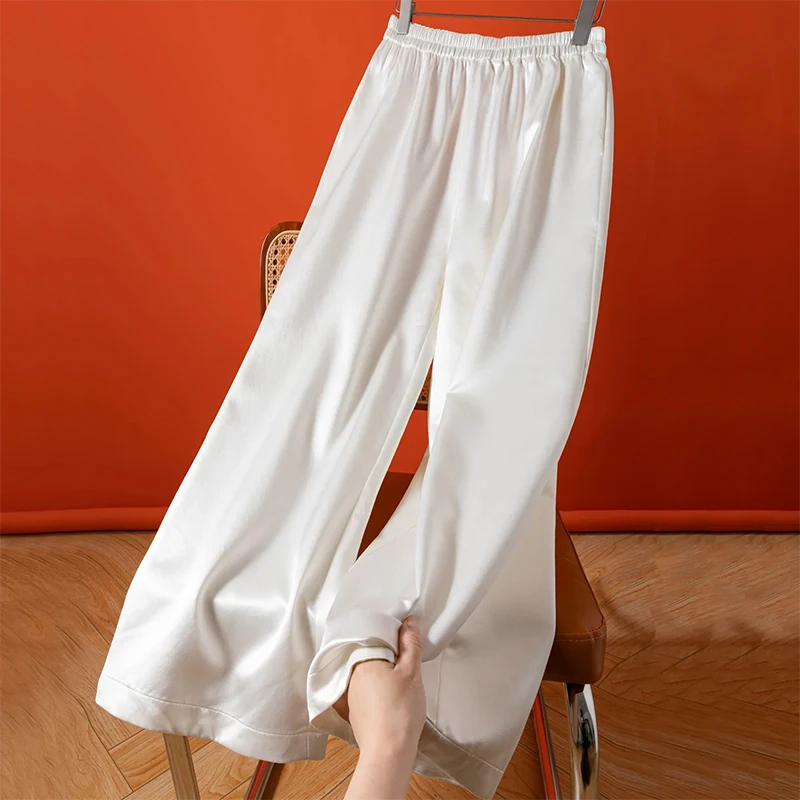 Women Silk Pants 35% Mulberry Silk 65% Wool White Color Elastic Waist Straight-leg Long Trousers with Pockets Autumn M1819