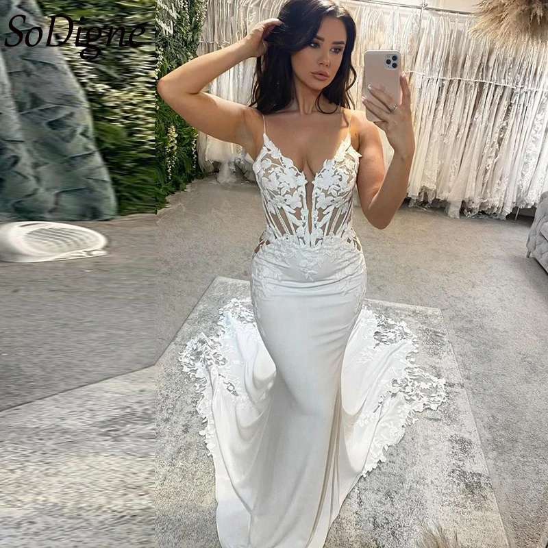 SoDigne Mermaid Elegant Wedding Dresses V-neck Spaghetti Straps Bridal Gown Appliques Satin Beach Bridal Dress vestidos de novia