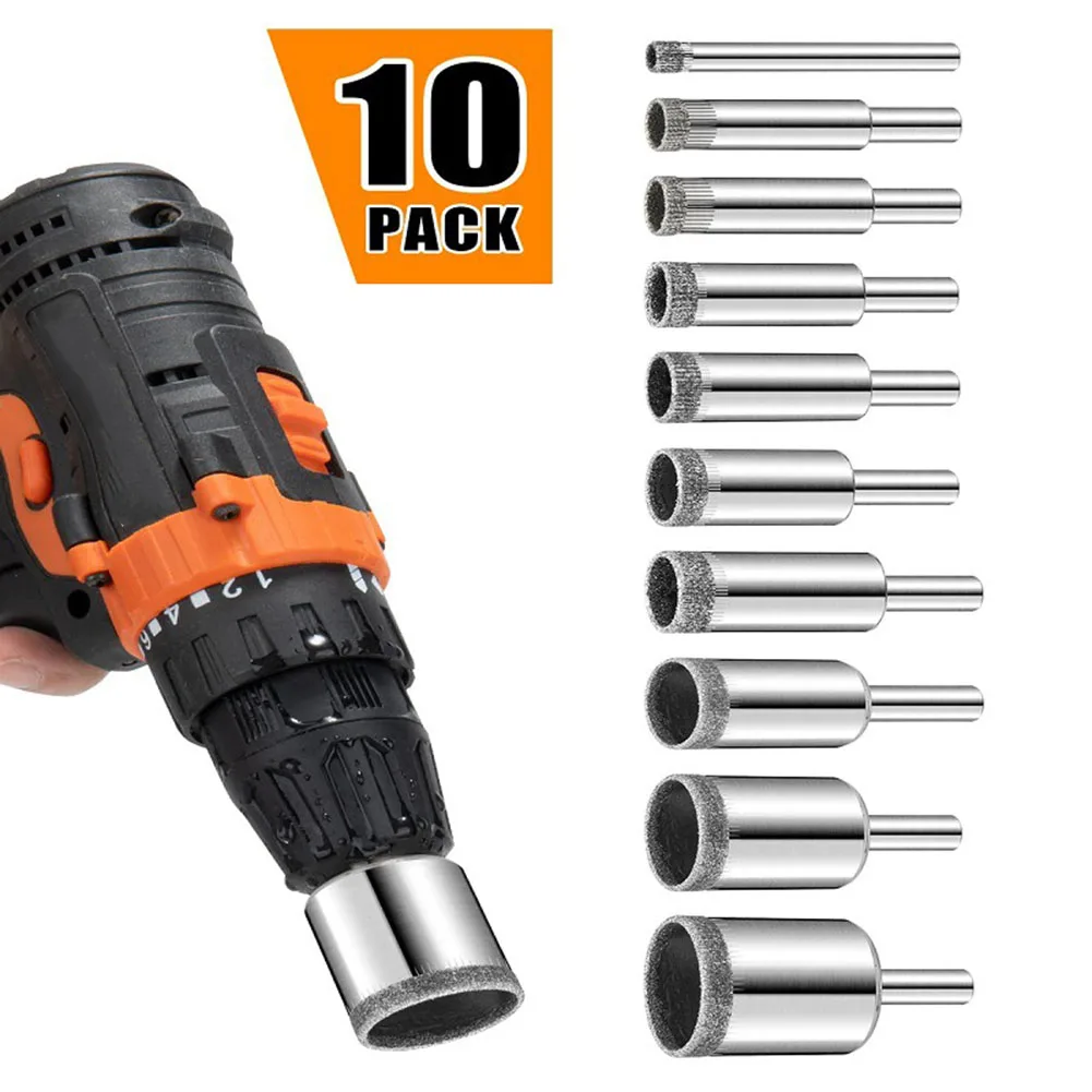 10pcs Diamond Coated Drill Bit Hole Saw For Glass Marble Granite Stone For Electric Hand Drill Electric Drill Power Tool Parts