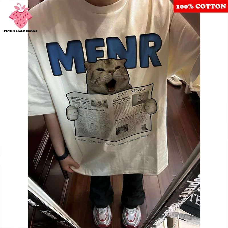 

Funny Cartoon Cat Print Men Women T-shirt Summer 2025 New 100% Cotton Short sleeve Loose Casual T-shirt Y2k Top mens clothing