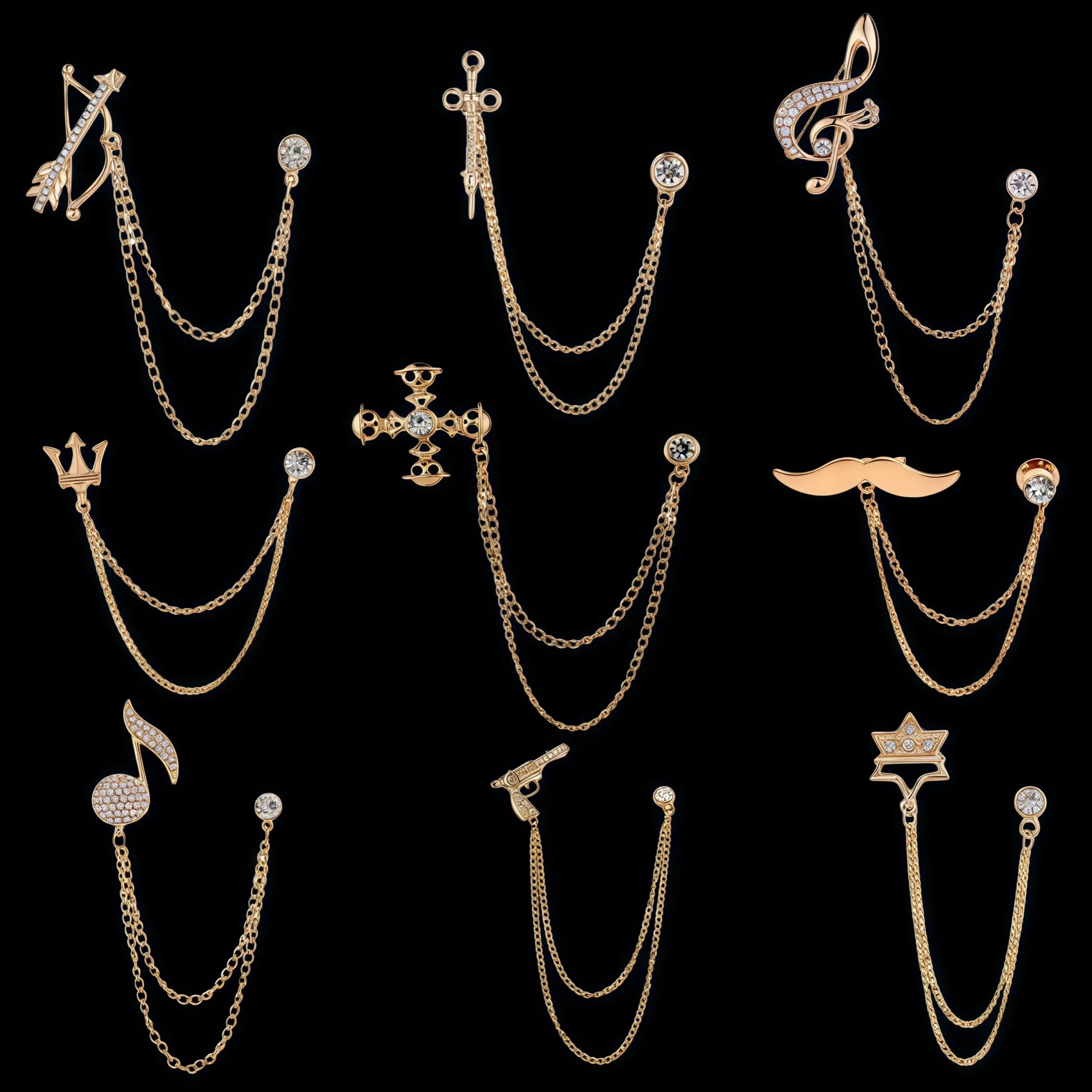 

Korean Style Men's Shirt Collar Chain Tie Pin Unique Musical Note/Gun/Mustache Brooch Badge Lapel Pin for Suits & Casual Wear