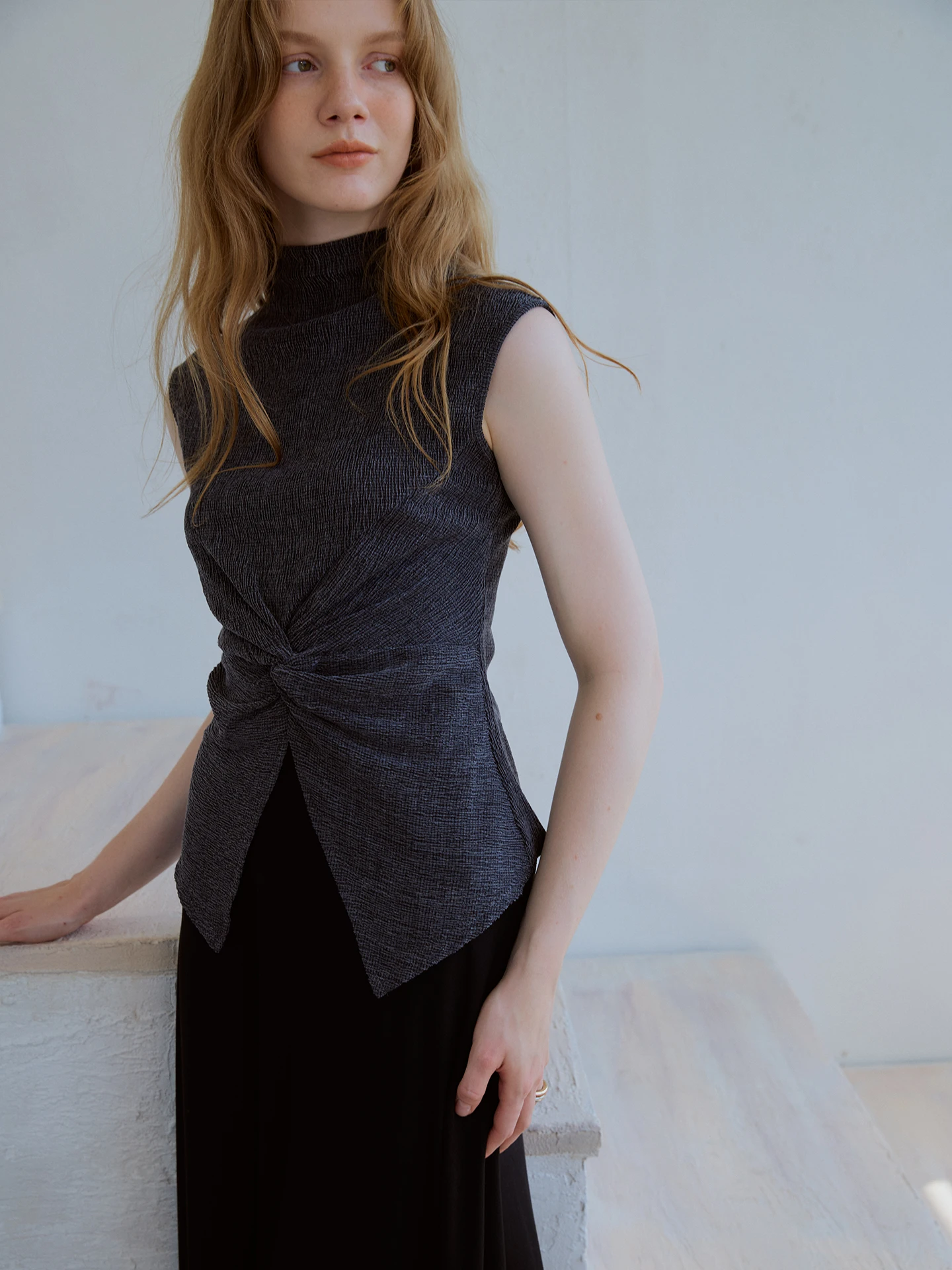 

Ele f High Collar Knot Pleated Split Hem Svel Women's Early Autumn 3 Colors Slim Fit irt Polyester Fiber Thin ...