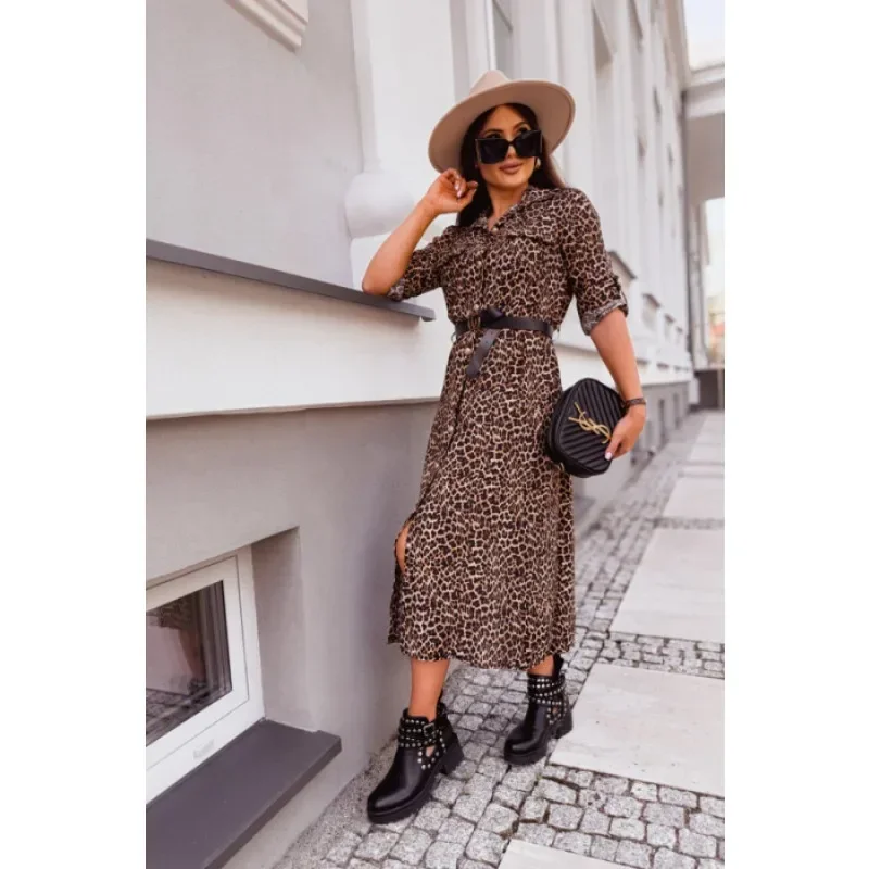 جديد أزياء المرأة منتصف طول ليوبارد طباعة قميص اللباس السيدات عارضة كم كامل الركبة طول فستان ربيع الخريف