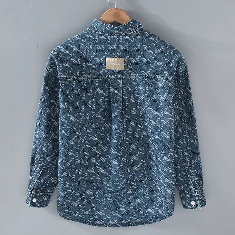 ربيع الخريف رجالي كم طويل قمصان جينز اليابانية الشارع الشهير الرجال جان القمم عادية النسيج قميص مطبوع الشباب فضفاض Overshirt