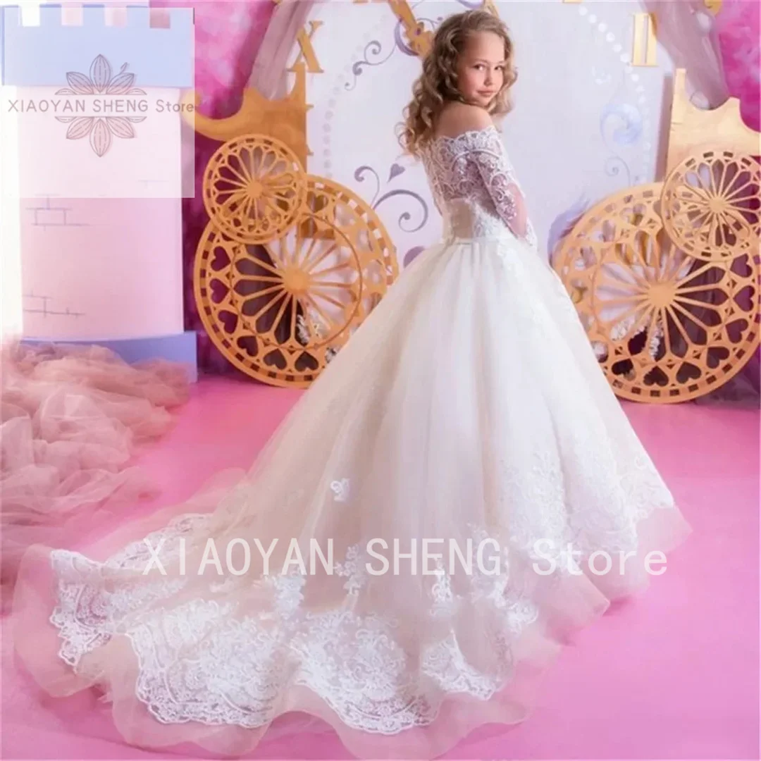 

White Flower Girl Dresses Lace Applique For Wedding Long Sleeve Princess Girl Formal Gown First Holy Communion Pageant Gown