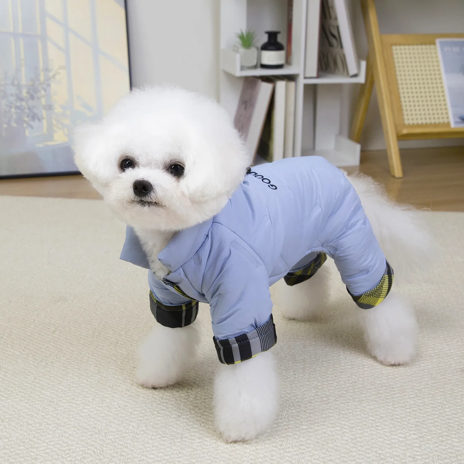 

Dog winter warm clothes Teddy pet clothes with plush, floral embroidery letters Cotton clothes Small dog four legged coat