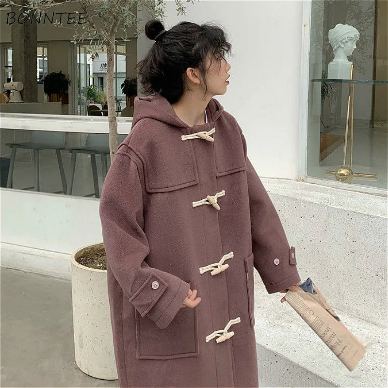 Blends Women Tender Invierno Thickening Teens Loose Warm Trendy Casual Wool Temperament Coat Horn Button Hooded Solid College