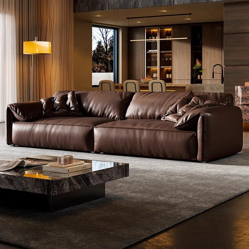 Elephant Ear Sofa Italian Minimalist First Layer Cowhide Leather Sofa Living Room Straight Row Three-person Down