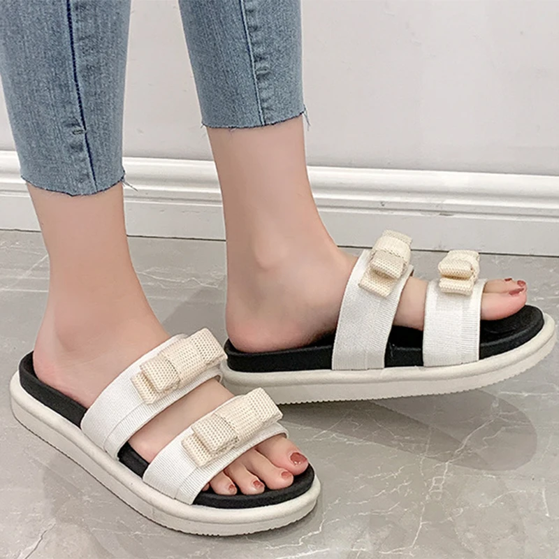 Zapatillas de malla ahuecadas para mujer, sandalias de verano con lazo, fondo grueso, a la moda, para exteriores