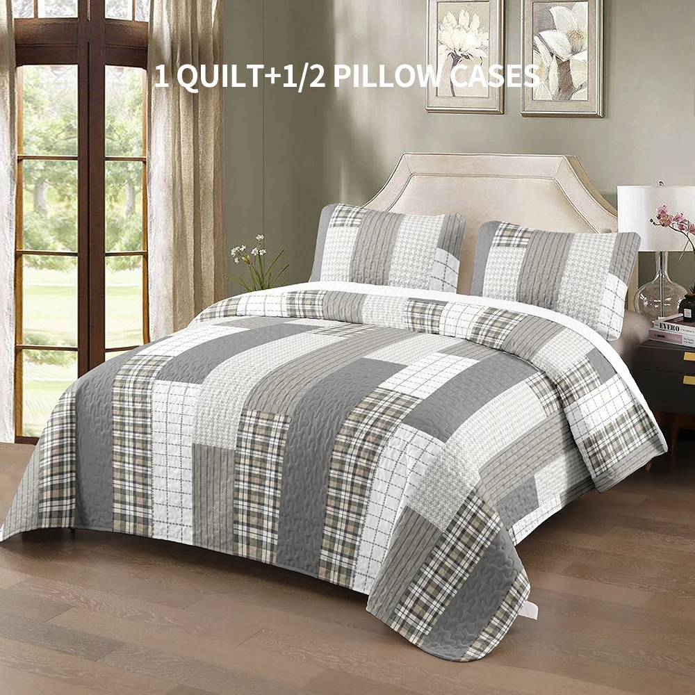 Quilted Patchwork Bed Cover Set With 2 Pillowcases Gray White Plaid Polyester Microfiber