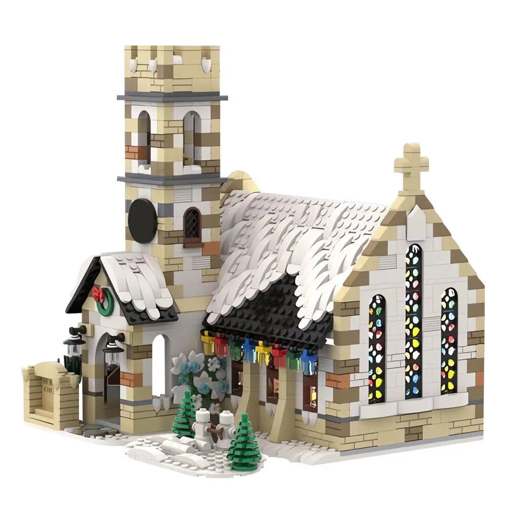 Winter Country Church with Interior Building Toys 1853 Pieces MOC Build